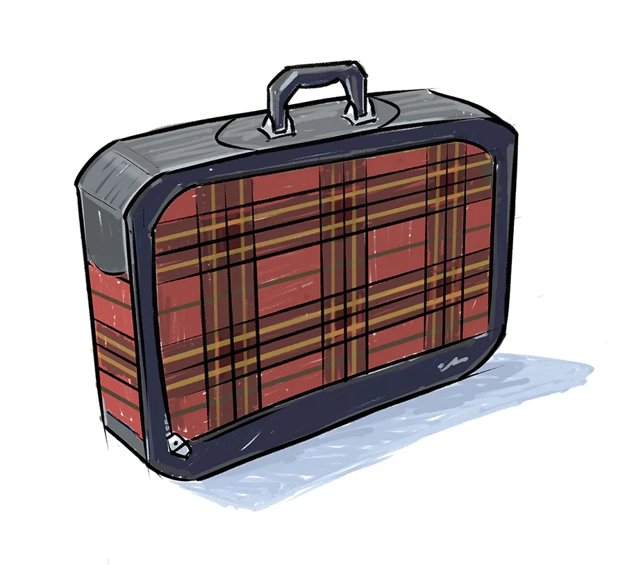 Illustration of plaid suitcase by Gerry ONeill