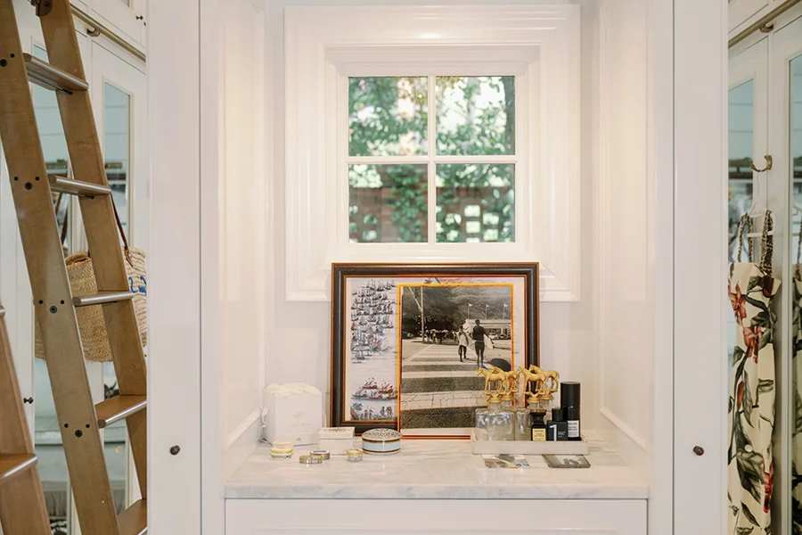 Close up of pictures and trinkets in closet