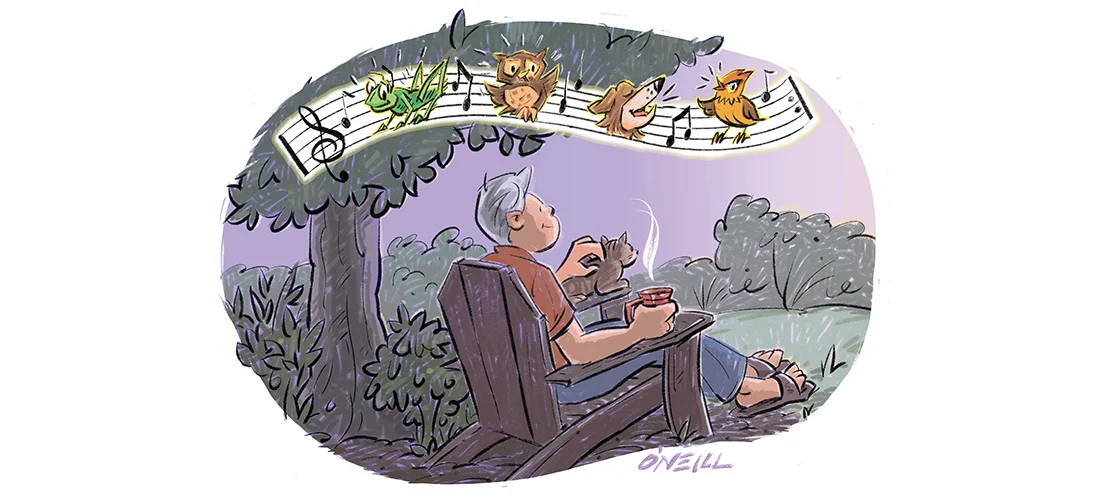 Illustration of Jim Dodson on chair outside listening to animals sing