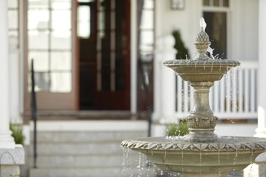 Pandora’s Manor exterior fountain in High Point