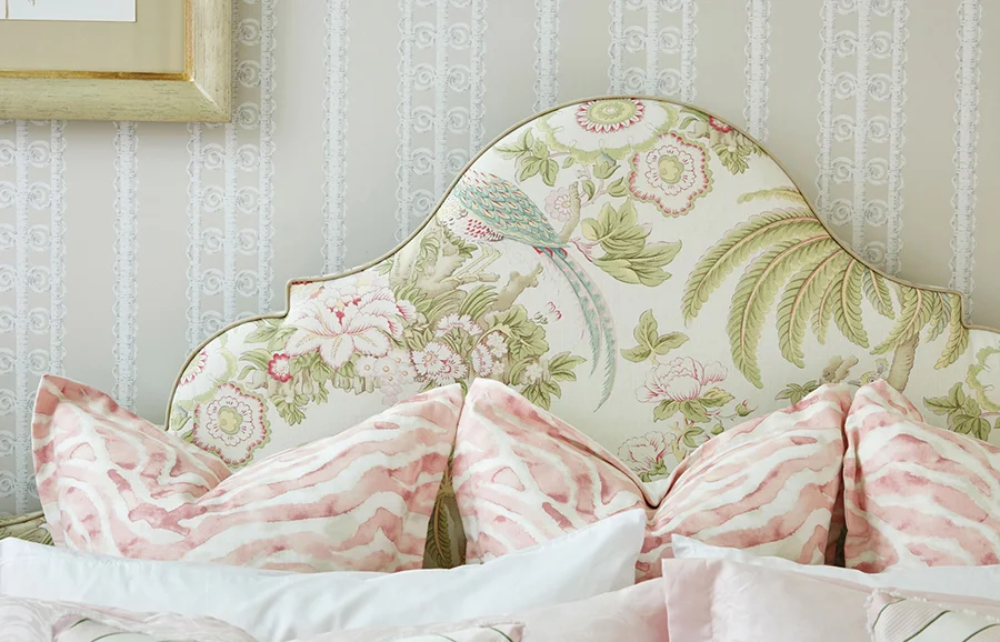 Pandora’s Manor headboard and wallpaper close-up in High Point