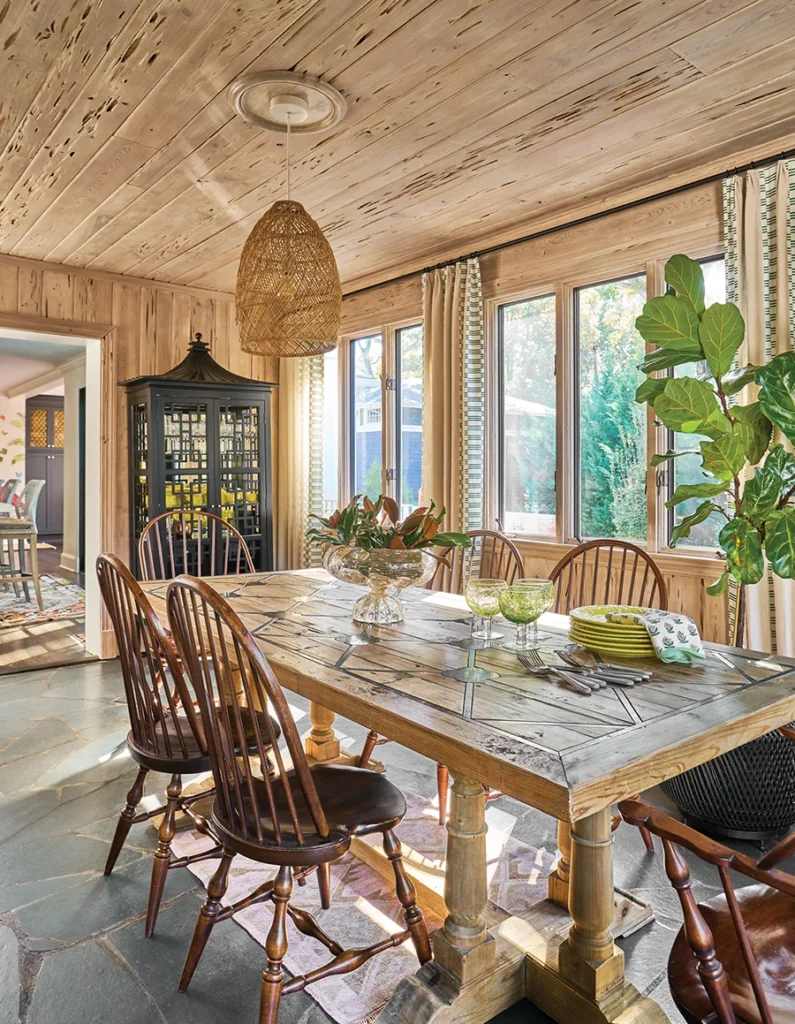Myers Park home dining room with pecky cypress paneling