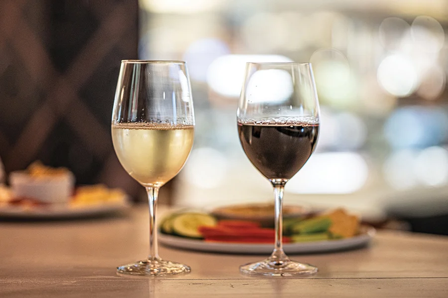 Two glasses of wine, one white, one red