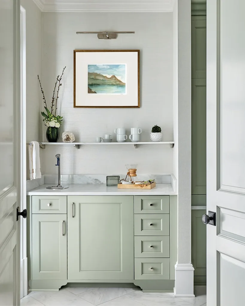 A coffee station in the primary suite features a built-in water dispenser for coffee and baby formula, as well as a refrigerator.