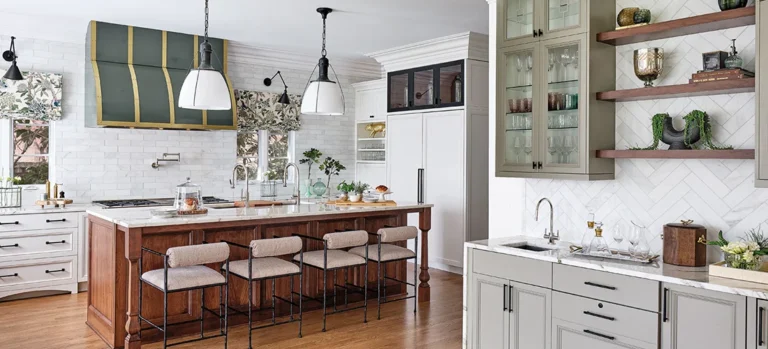 Wrought-iron stools by Arteriors flank the kitchen island, which is illuminated by Visual Comfort pendant lights. The wet bar, opposite, features an ice maker and under-cabinet refrigerator for casual entertaining