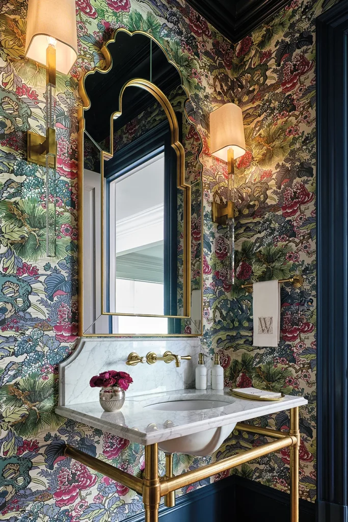 Jewel-toned wallpaper by York Wallcoverings creates a moody ambience in the powder room.