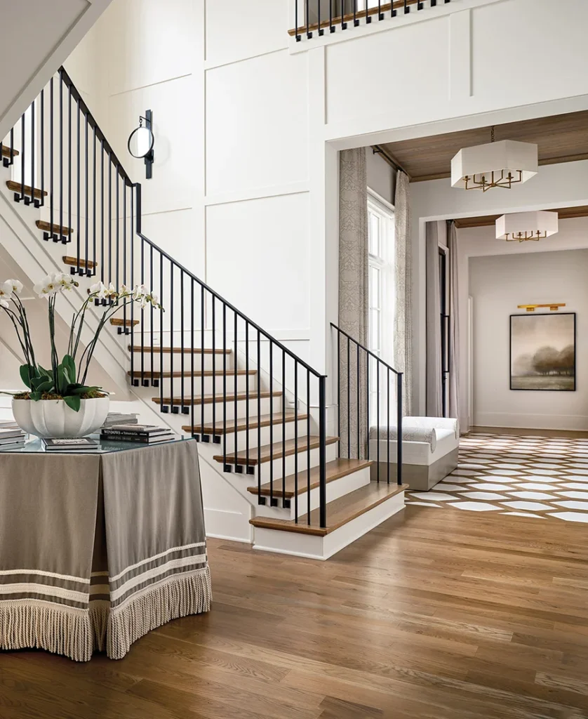 A striking marble-and-wood inlay in the foyer