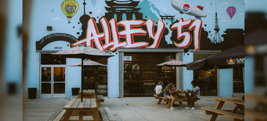 The entrance of Alley 51 food hall in Pineville, N.C.