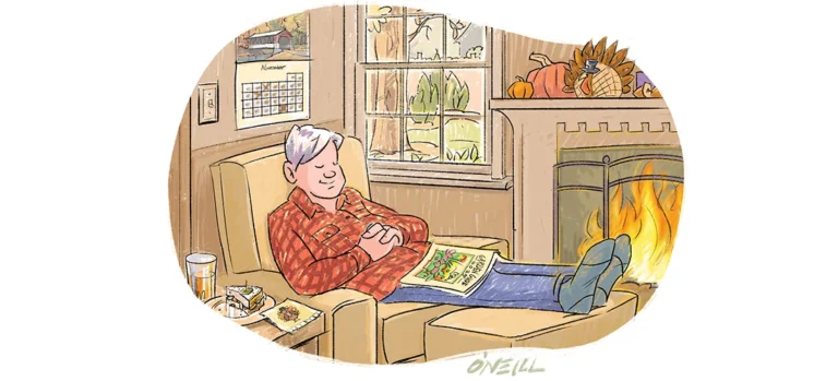 Illustration of Jim Dodson by fireplace