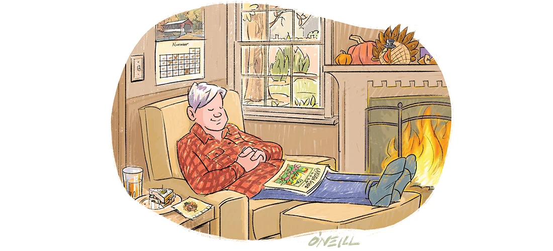 Illustration of Jim Dodson by fireplace