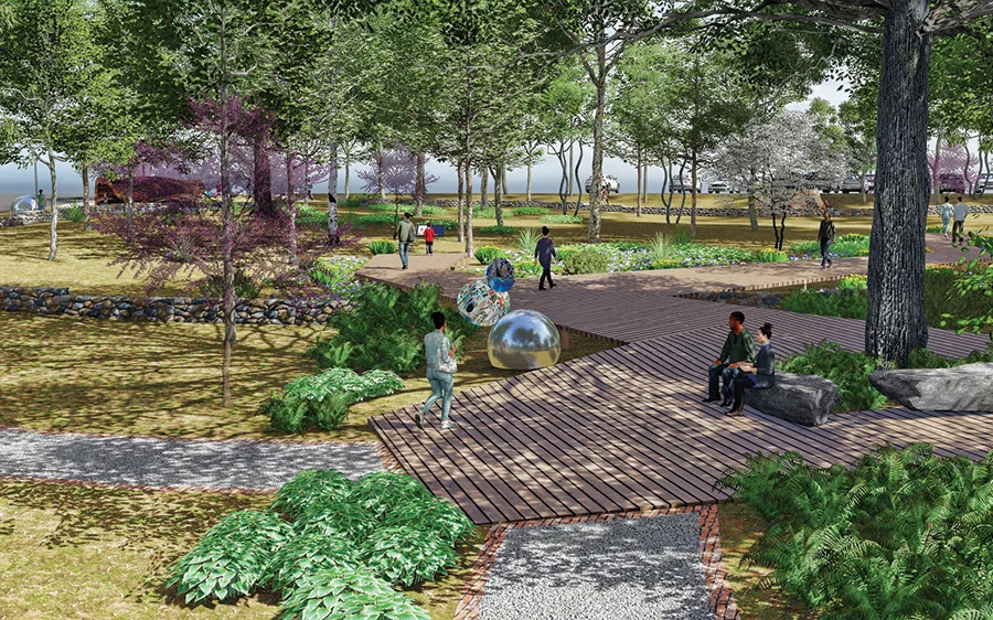 Renderings of the proposed park space to honor the history of St. Lloyd Presbyterian Church in SouthPark.