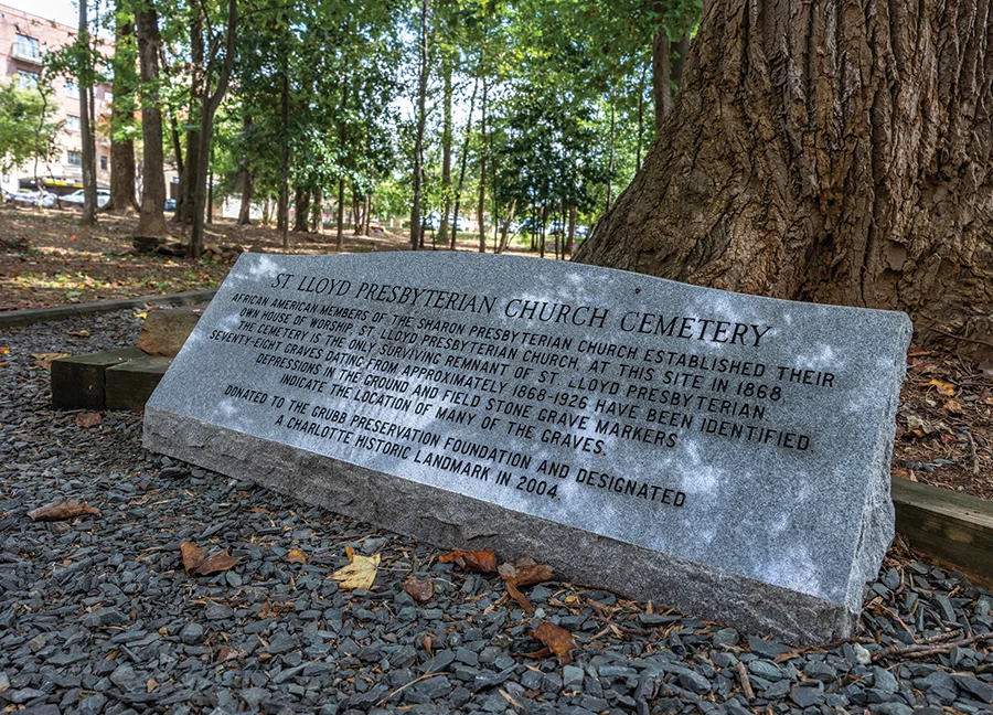 A marker in SouthPark explaining the origin of St. Lloyd Presbyterian Church.