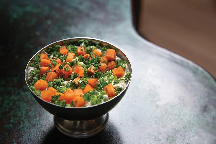 Albertine rock crab with creme fraiche and persimmon