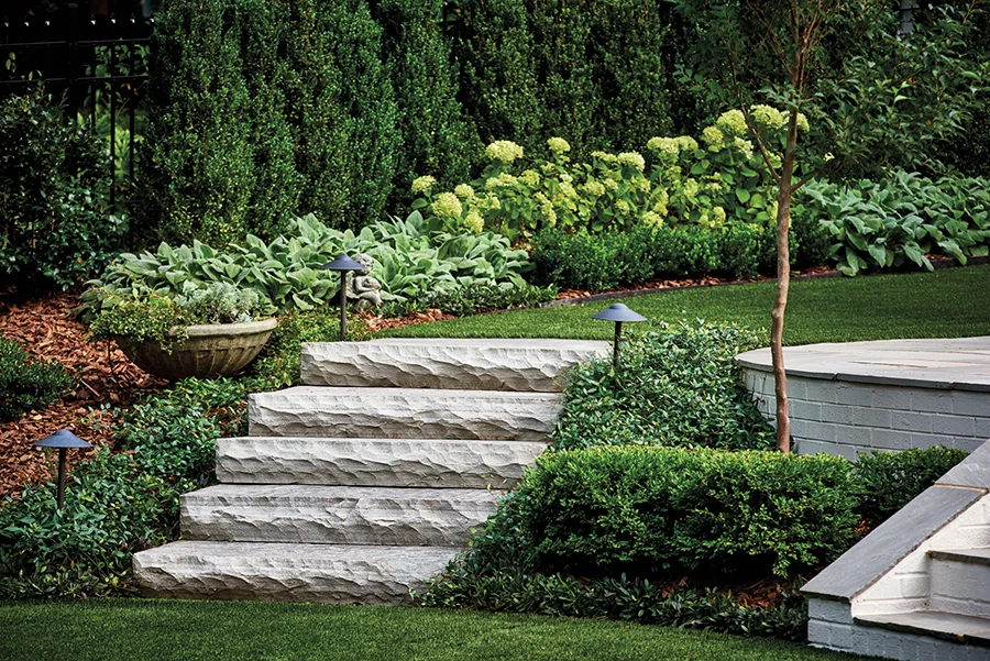 Artificial turf around stairs designed by Erin Peiffer