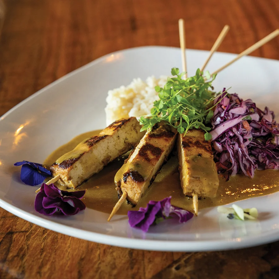 Moroccan Tofu with peanut butter dipping sauce from Sanctuary Bistro