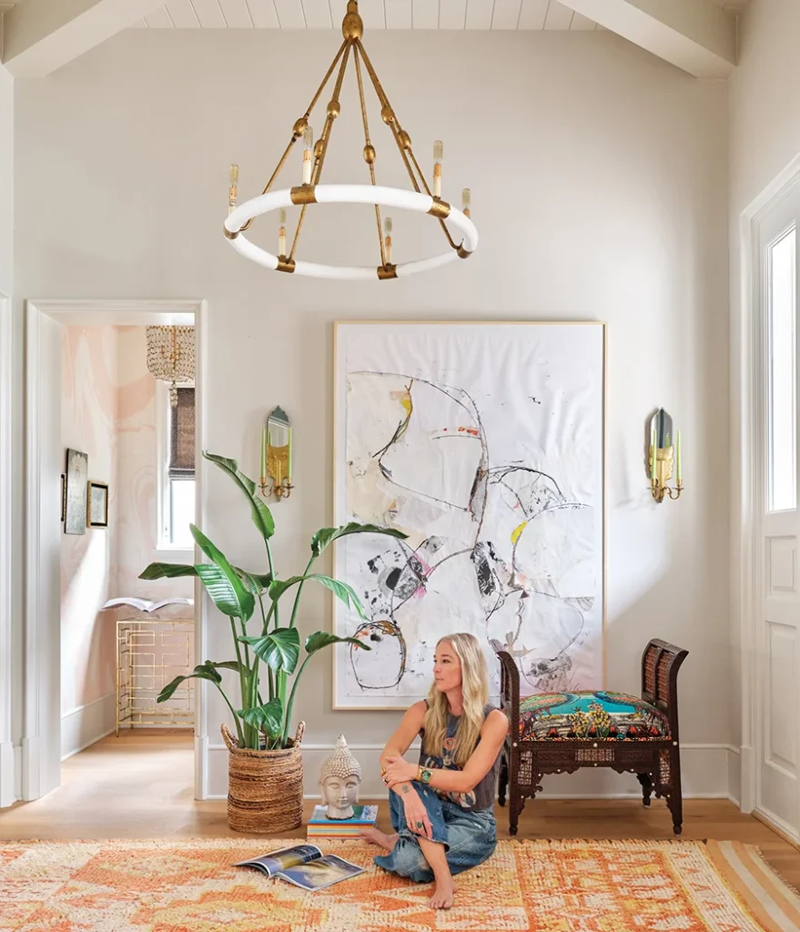 In the foyer, a mixed-media collage by LA artist Jackie Leishman depicts Yosemite National Park. Annie’s father sent her the stack of surf magazines, a reminder of her love for the ocean and growing up in San Diego