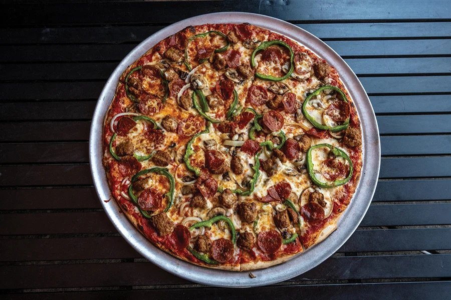 Doc’s Delight pizza (pepperoni, sausage, mushrooms, onions and green pepper) at Selwyn Pub