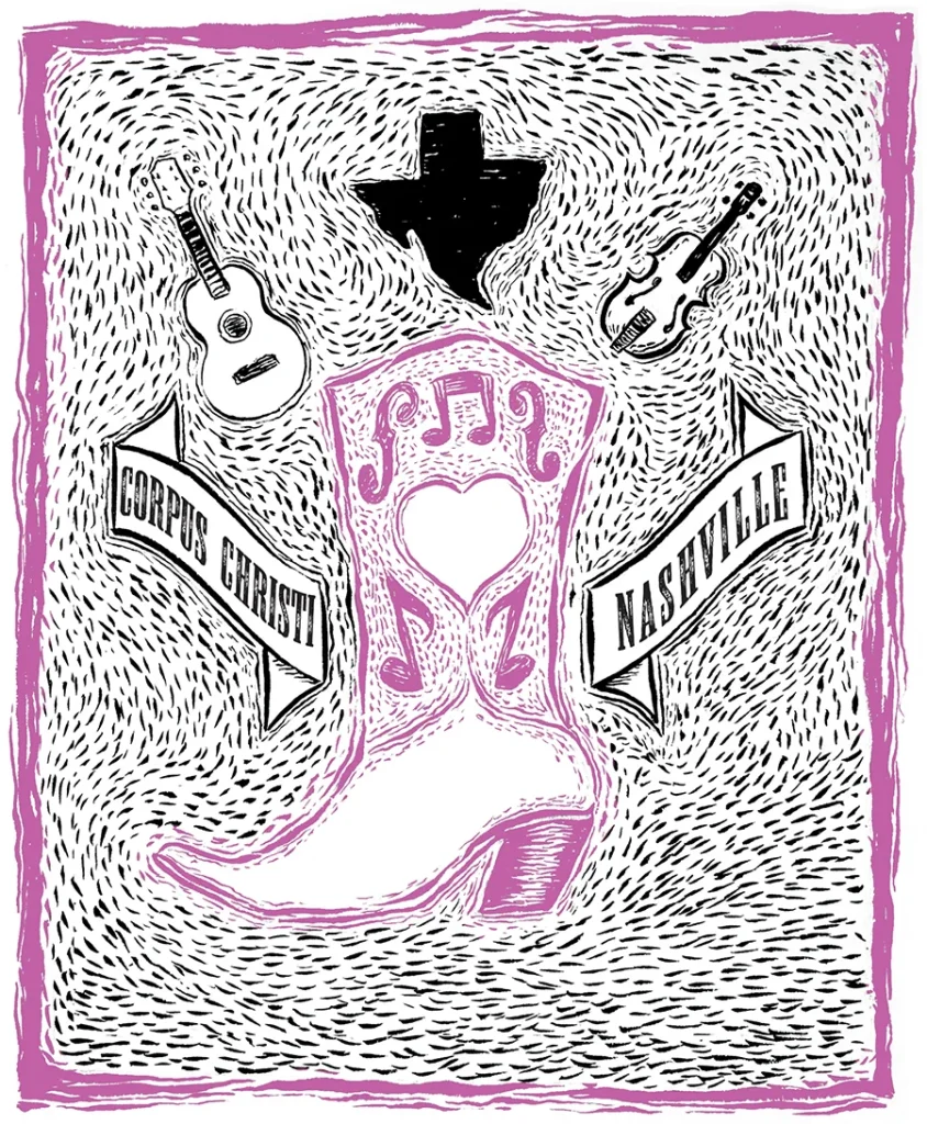 Cowgirl boot illustration with guitars, violins and Texas