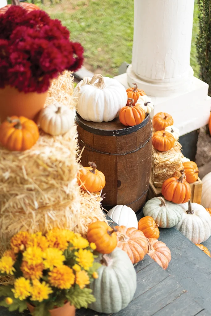 Porch pumpkins barrels
